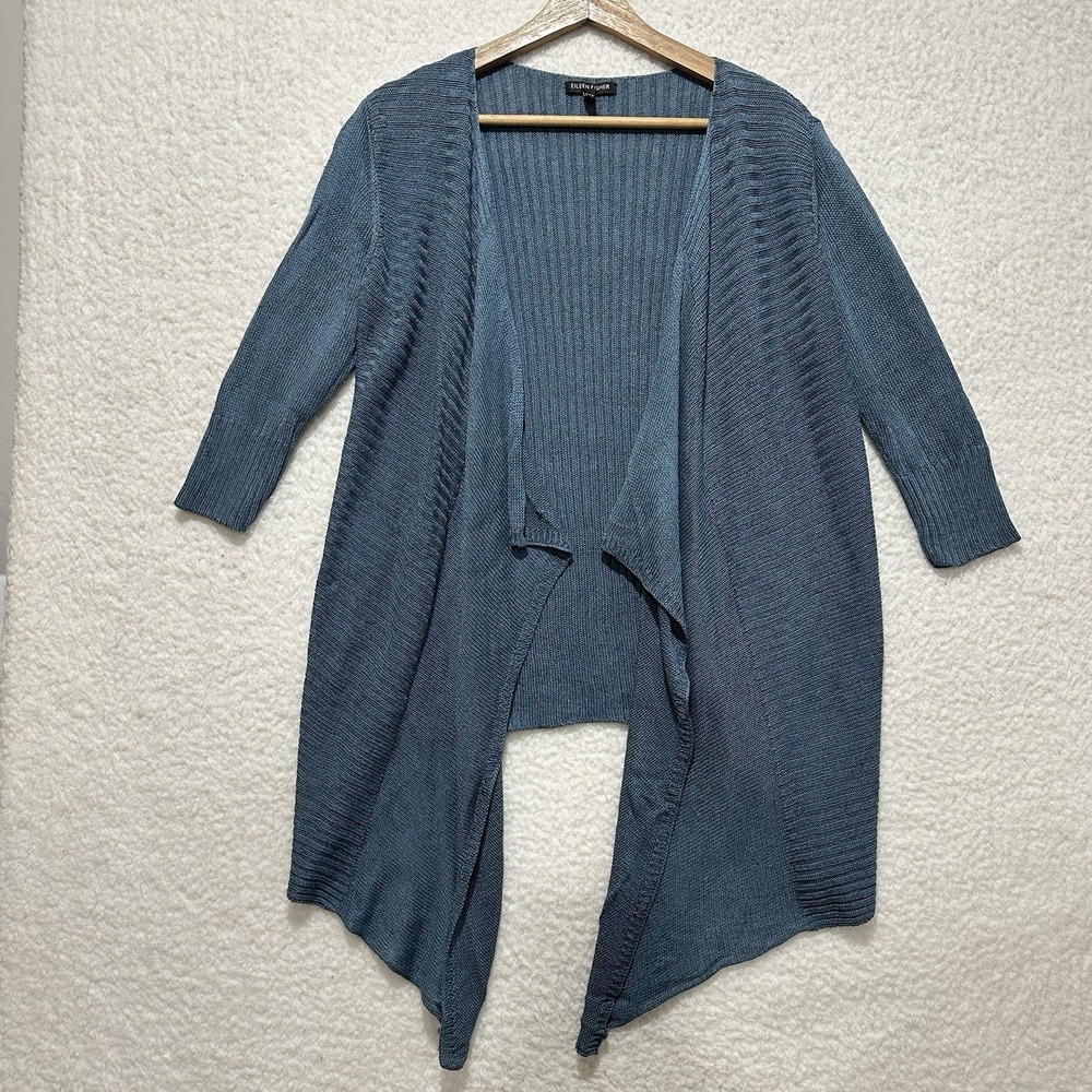 Eileen Fisher Linen Silk Blend Open Front Knit Cardigan Stone‎ Blue Size Small